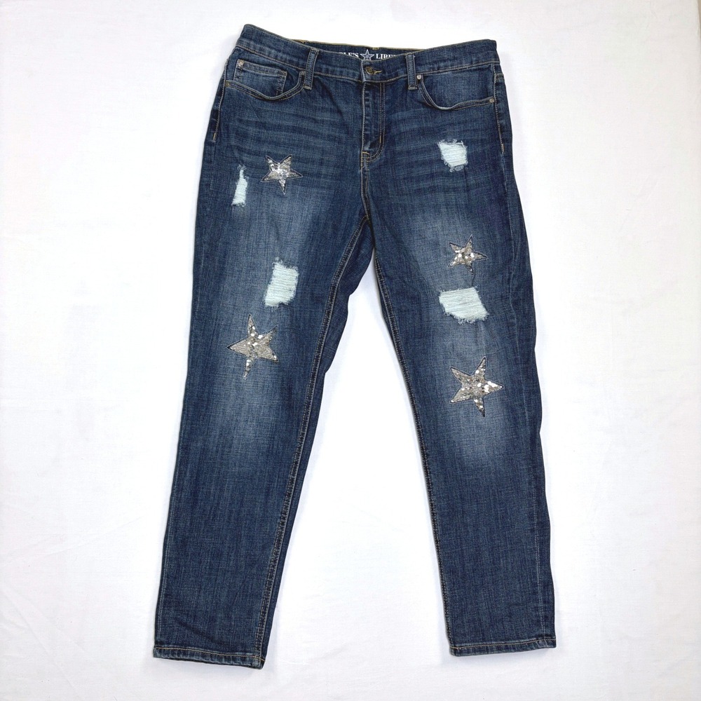 People's Liberation Girlfriend Fit Distressed Sequin Star Jeans Blue Denim 11